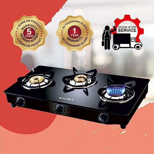 Baltra Glimmer Glass Top Gas Stove 3 Brass Burner Manual Ignition, Black (ISI Certified 2 year warranty with Doorstep Service) Baltra Glimmer Glass Top Gas Stove 3 Brass Burner Manual Ignition, Black (ISI Certified 2 year warranty with Doorstep Service)